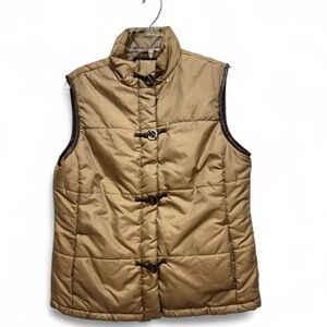 E-studio Women's Tan/Gold Puffer Vest with Faux Leather Trim Large